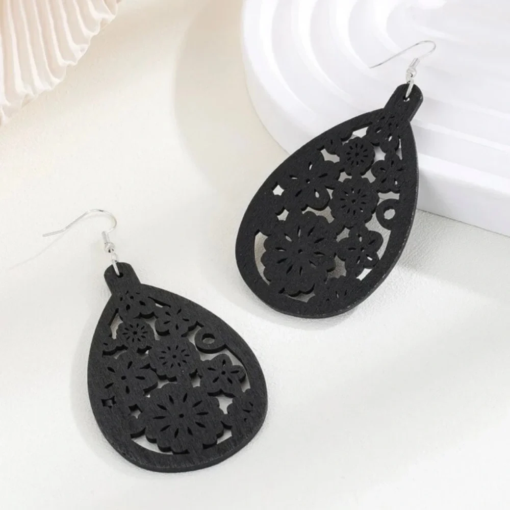 Black Wood Cut-out Bohemian Earrings - Picture 1 of 1
